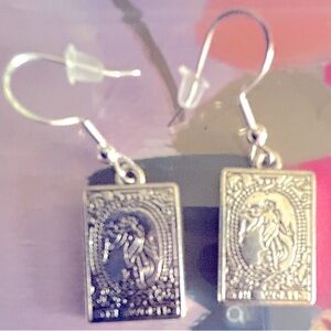 NWOT earrings Tarot Card “The World” etched cards, Silvertone metal .5” pierced